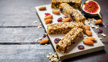 Homemade granola energy bars with figs, oatmeal, almond, dry cranberry, chia and sunflower seeds,...