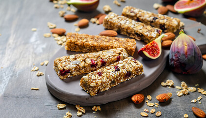 Homemade granola energy bars with figs, oatmeal, almond, dry cranberry, chia and sunflower seeds,...