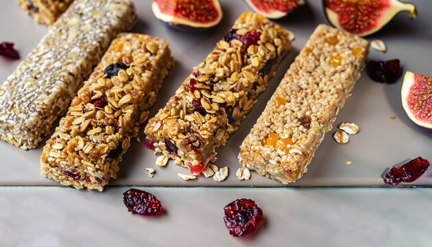 Homemade granola energy bars with figs, oatmeal, almond, dry cranberry, chia and sunflower seeds, healthy snack - Powered by Adobe