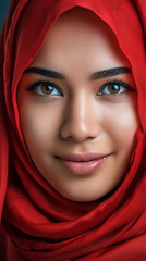 Portrait of a beautiful Muslim woman wearing Red Hijab.