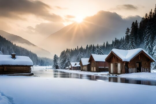 beautiful winter house with the lake and forest and trees  and the roof of house covered with snow beautiful landscape, as concept of winter coming. 4k HD Ultra High quality photo.