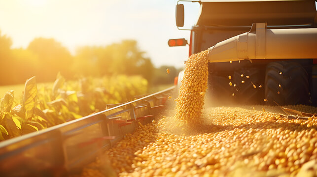 Harvester pouring freshly harvested corn maize seeds or soybeans into container trailer near, closeup detail, afternoon sunshine. 

