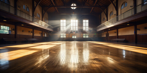 Empty Indoor basketball court. Horizontal panoramic wallpaper with copy space. 