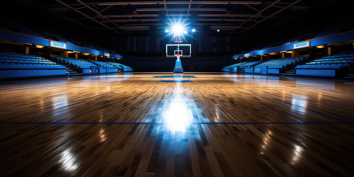 Empty Indoor basketball court. Horizontal panoramic wallpaper with copy space. 