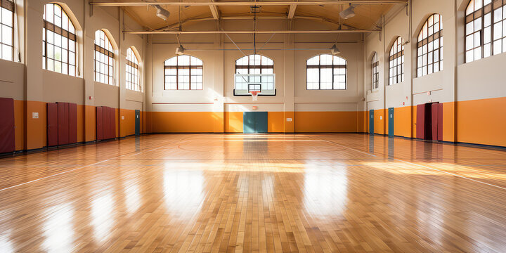 Empty Indoor basketball court. Horizontal panoramic wallpaper with copy space. © dinastya