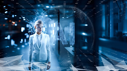 デジタルの世界で成功したビジネスリーダー、DX サイバーセキュリティ、インターネット安全のイメージ