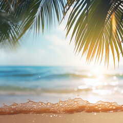 Background of vivid summer waves at the beach washing up contrasted with palms. Created using generative AI