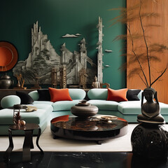 Jade Japanese living room with historical accessories on back wall and exotic furniture. Created using generative AI