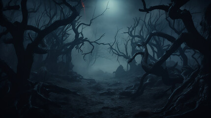 a spooky forest with twisted trees and fog for Halloween