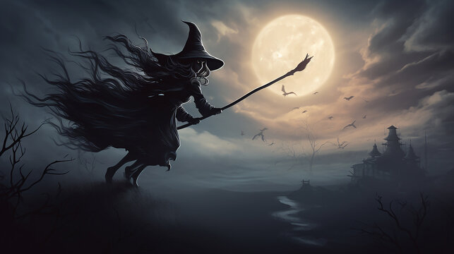 a witch flying on a broomstick across a full moon