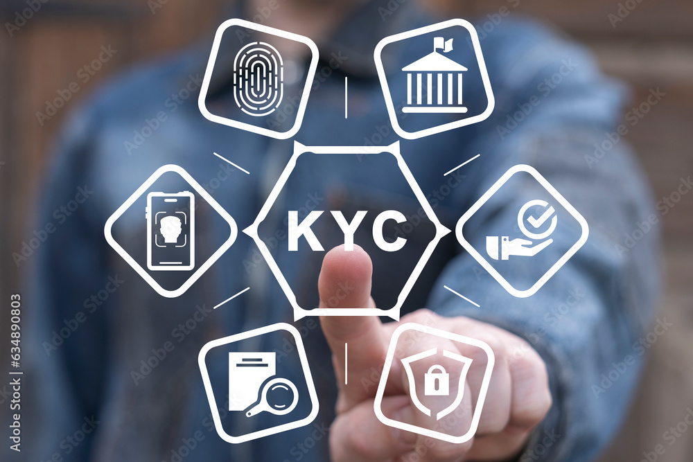 Poster man using virtual touch screen presses acronym: kyc. concept of kyc know your customer technology. e