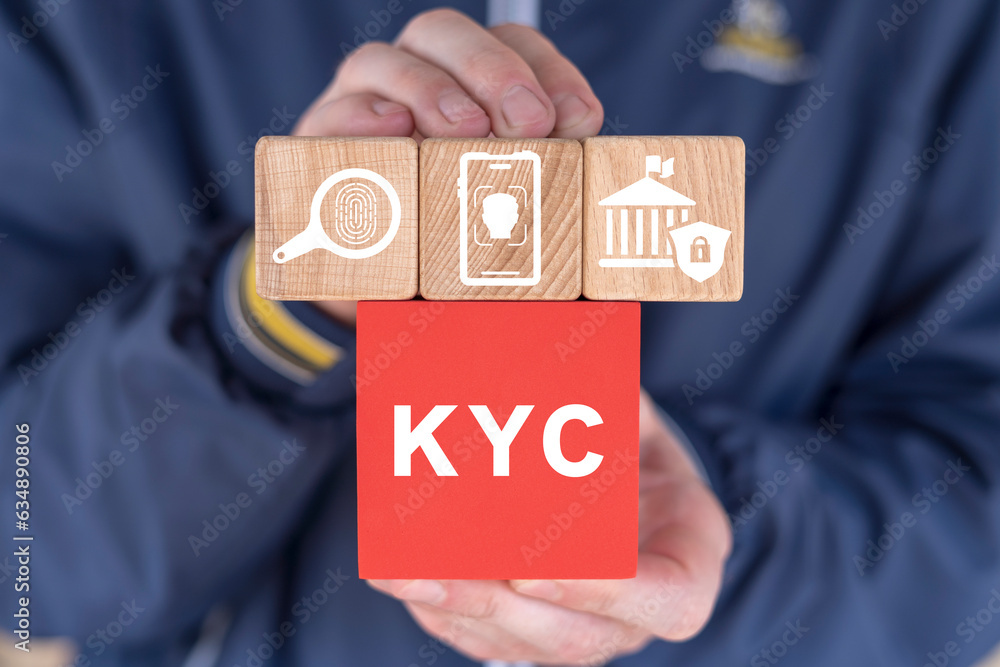 Poster man holding colorful blocks with icons and abbreviation: kyc. concept of kyc know your customer tech