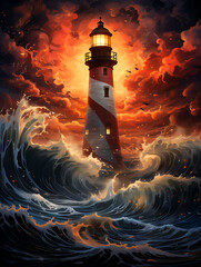 Illustration - Lighthouse at night.