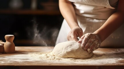Obraz na płótnie Canvas Female baker hands making dough for bread