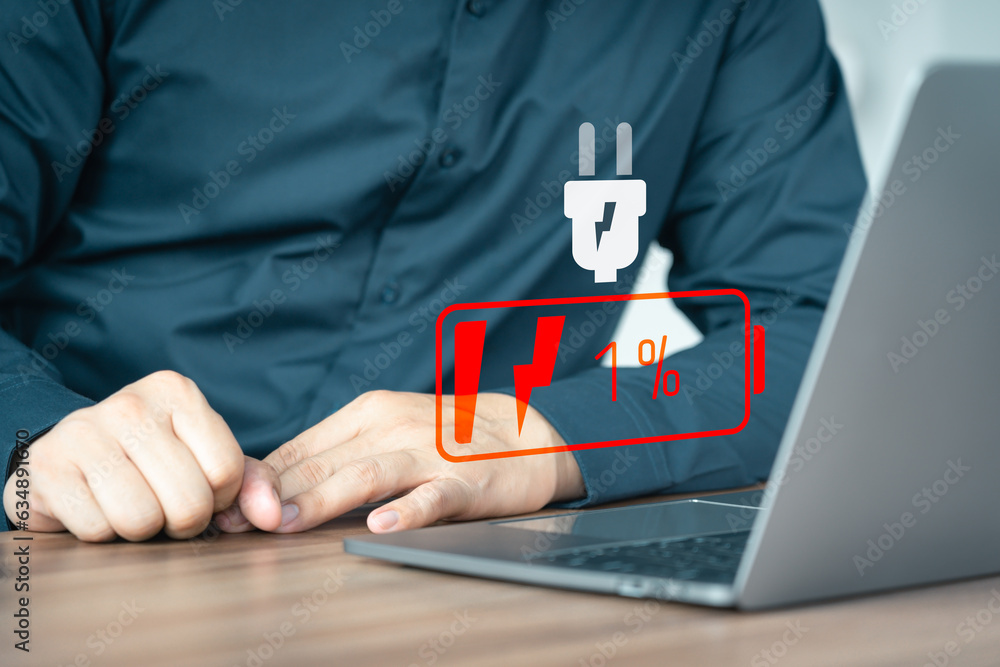 Aufkleber User is angry and frustrated when he learns that his laptop computer's battery is dead and did not bring the charger adapter. Concept of Technology and daily life of freelance. No power battery.