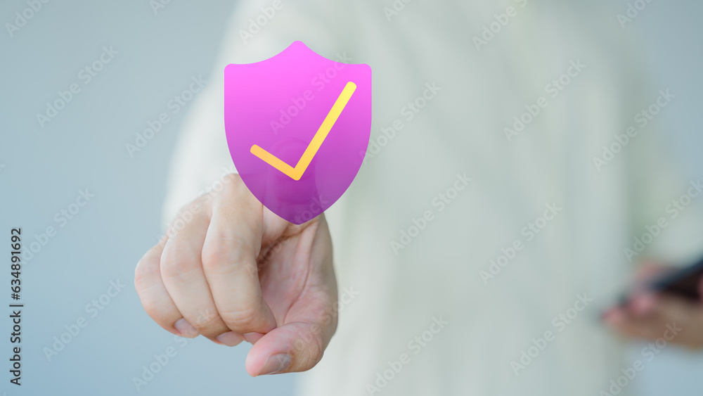 Aufkleber man is pressing identity proofing icon for security protection systems on virtual screen. certified 