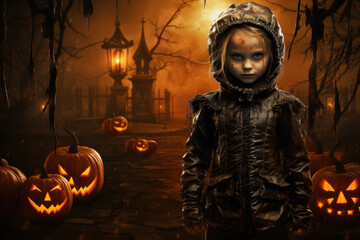 Demonic Spooky Child Amid Glowing Jack O'Lanterns, Generative AI