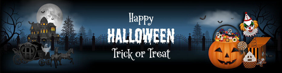 halloween banner with haunted house, old carriage and pumpkin bucket with sweets © Angelica