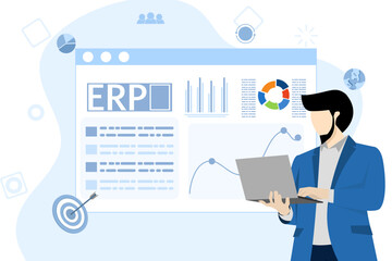 ERP enterprise resource planning concept, company productivity and improvement. Illustration for website, landing page, mobile app, poster and banner. flat vector illustration on a white background.