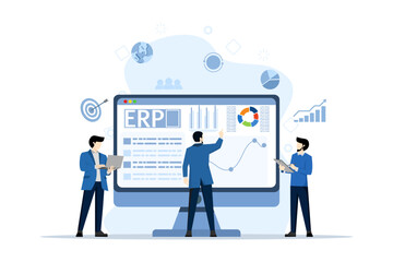 ERP enterprise resource planning concept, company productivity and improvement. Illustration for website, landing page, mobile app, poster and banner. flat vector illustration on a white background. - obrazy, fototapety, plakaty
