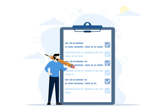 concept of getting things done, completing task or business achievement, completing checklist, project achievement or progress, expert entrepreneur holding pencil ticking all completed task checkboxes