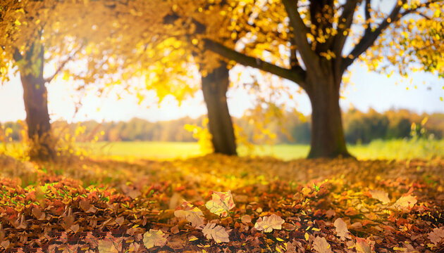 autumn tree in idyllic beautiful blurred autumn landscape panorama with fall leaves in sunshine, advertising space on leaf ground, a day outdoors in golden october, cheerful fall leaf season concept