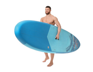 Handsome man with blue SUP board on white background
