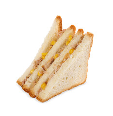Delicious sandwich with tuna and corn on white background