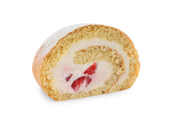 Slice of delicious sponge cake roll with strawberries and cream on white background