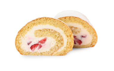 Delicious sponge cake roll with strawberries and cream on white background