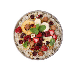 Oatmeal with freeze dried fruits, nuts and mint isolated on white, top view