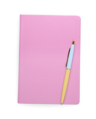 Closed office notebook and pen isolated on white, top view