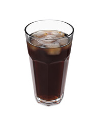 Glass of refreshing soda water with ice cubes isolated on white