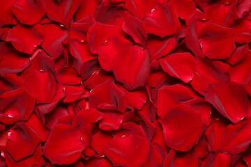 Beautiful red rose petals as background, top view