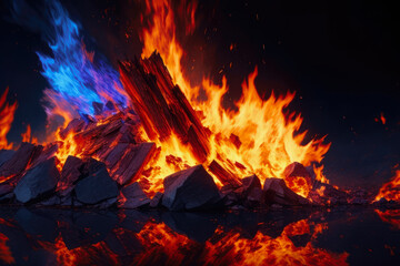 Angry bonfire burning with blue and yellow flames. Generative AI