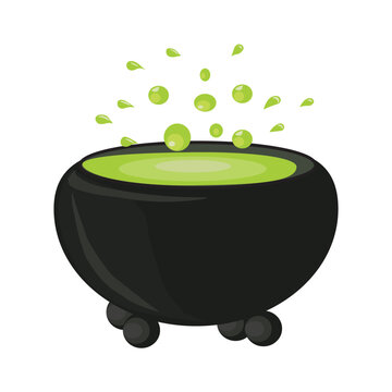 Halloween magic cauldron with green potion with boiling magic brew. Vector illustration isolated on white background.