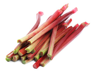 Heap of fresh rhubarb stalks isolated on white