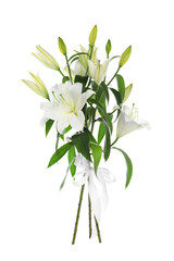 Beautiful bouquet of lily flowers tied with ribbon isolated on white