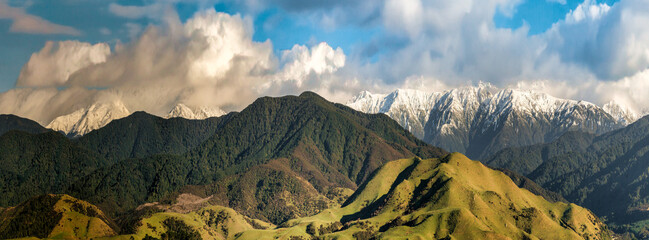 The snow covered peaks of the Tararua Ranges photographed from the highest peaks of the inland...