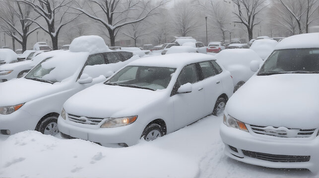 雪が積もった自動車、猛吹雪｜Cars covered with snow, blizzard. Generative AI
