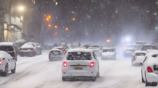 猛吹雪、雪で覆われた街、交通｜blizzard, snowy city, traffic. Generative AI