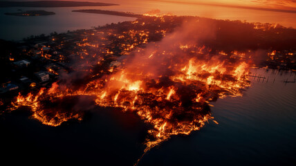 Intense fire engulfs a tropical city, depicting a blazing urban catastrophe with vivid detail and dramatic portrayal of destruction amid the lush tropical environment.