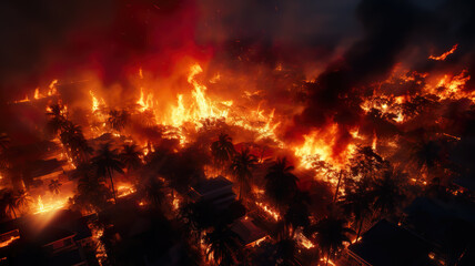 Intense fire engulfs a tropical city, depicting a blazing urban catastrophe with vivid detail and dramatic portrayal of destruction amid the lush tropical environment.