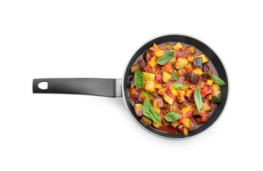 Frying pan with tasty ratatouille isolated on white, top view