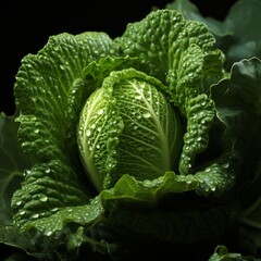 A fresh head of cabbage beautifully lit with dark background. Generative AI.