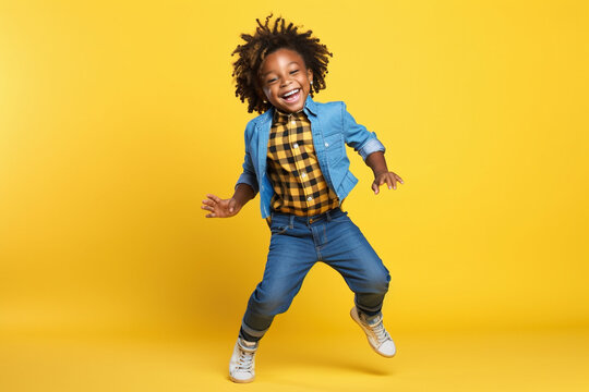 African kid having fun on yellow studio background, cute boy dancing, generative AI.