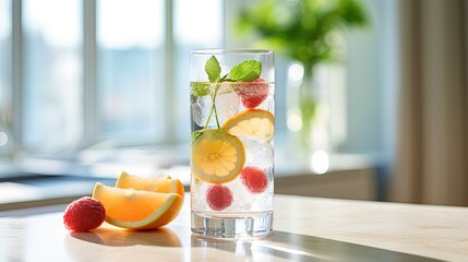 Glass of fresh fruit-infused water in a modern kitchen