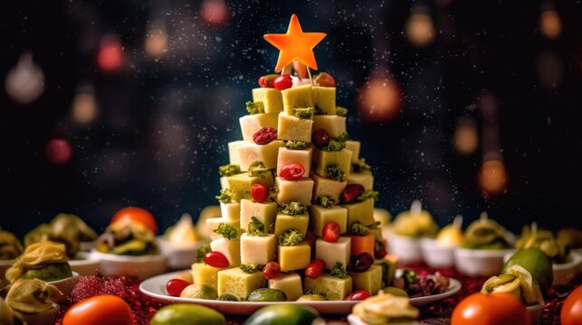 Christmas tree made of cheese and vegetables with a star. photo of christmas food. 