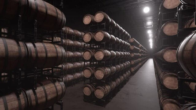 Close up on wooden barrels stored in warehouse. Lights turn on revealing whiskey, wine or beer barrels stacked in rows inside storage cellar. Animation of stored wooden barrels.