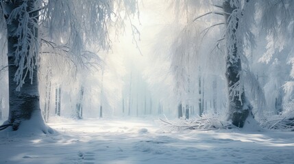 Naklejka premium Scene capturing the serenity of a snow-covered forest.